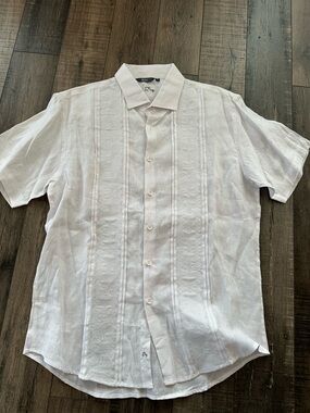 Bohio Shirt Mens Med White 100% Linen Guayabera Short Sleeve Anchor Embroidered